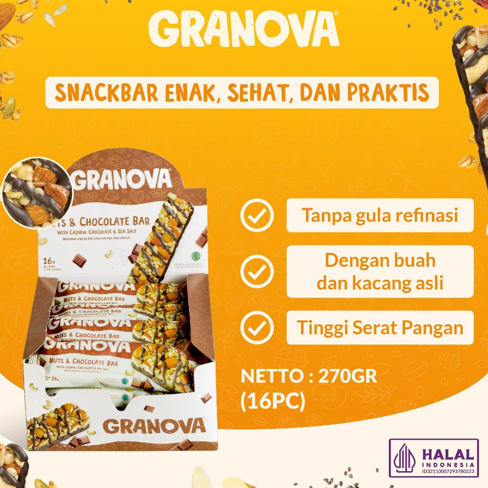 

Flash Sale Granova Snackbar Nuts Chocolate 26gr x 16 pcs Rasa Coklat Cemilan Sehat Gandum Halal