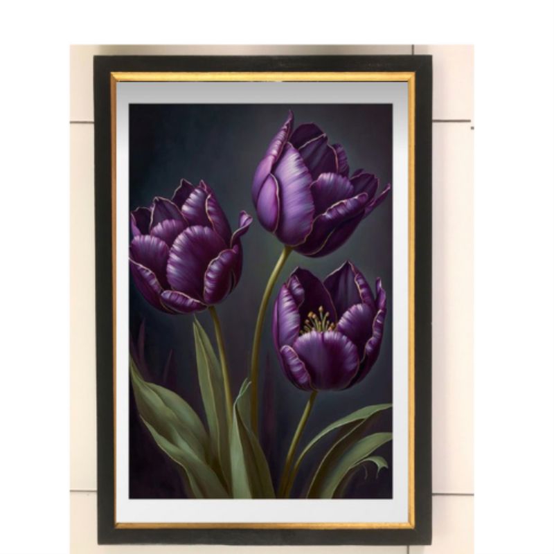 Hiasan dinding lukisan cetak Bunga tulip ungu Plus bingkai UK 45x65cm