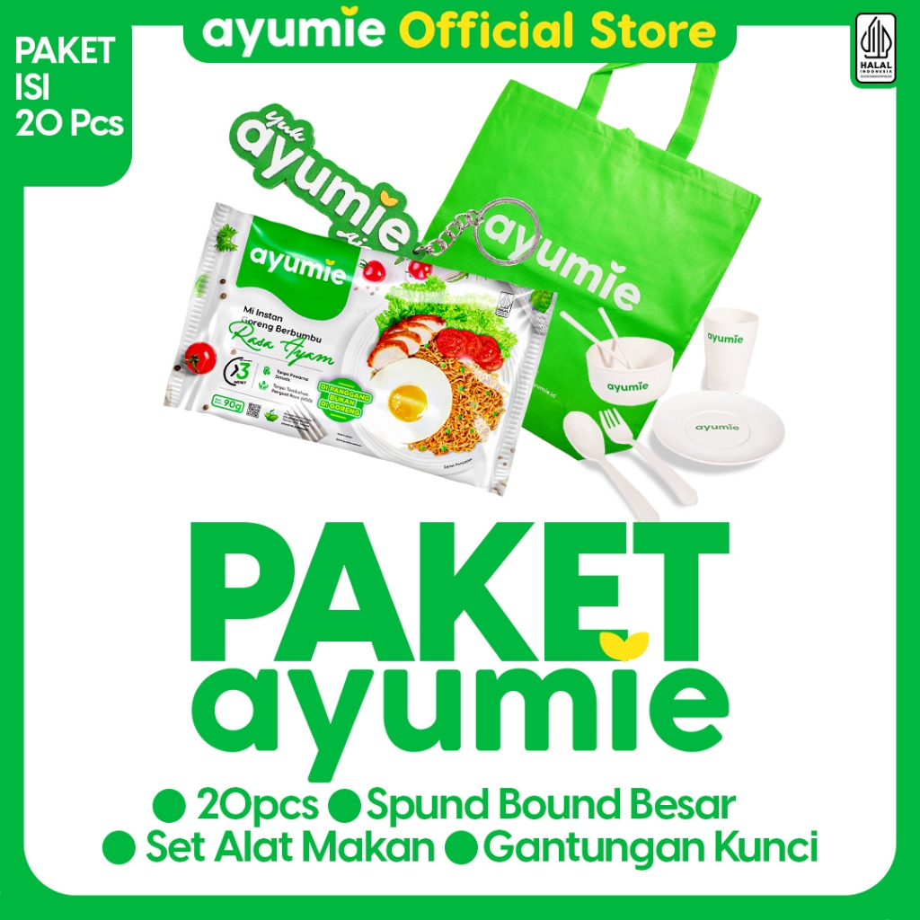 

Ayumie - Paket 3 - Mie Rasa Ayam 20 Pack + Spundbound + Set Alat Makan + Gantungan Kunci