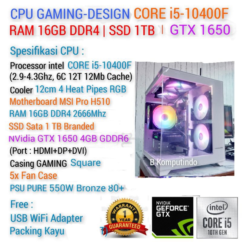 CPU PC Intel CORE i5-10400F i5 GEN 10 | VGA GTX 1650 | Full SSD | GAMING -  EDITING - RENDERING