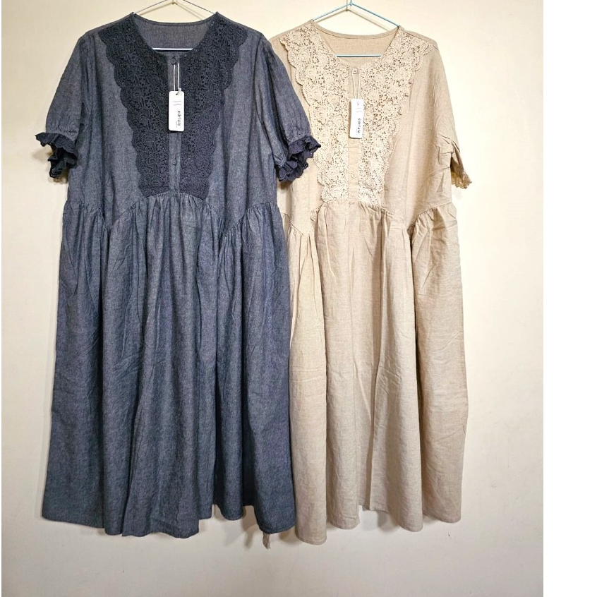 Dress mini BKK oversize renda brukat busui lengan pendek bahan linen merk Cdr ale