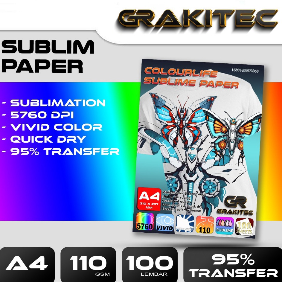 

Lebih Irit Kertas Sablon Sublim Transfer Paper A4 LEGAL F4 11 Gsm GRAKITEC Colourlife Sublime Paper A4 isi 1 Lembarr