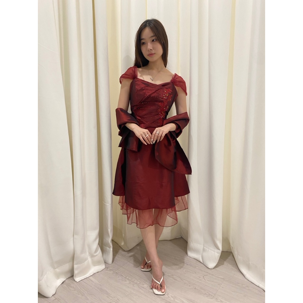 B603 Dress import lengan tantop / straps lapis organza dada renda payet bambu remple & resleting sam