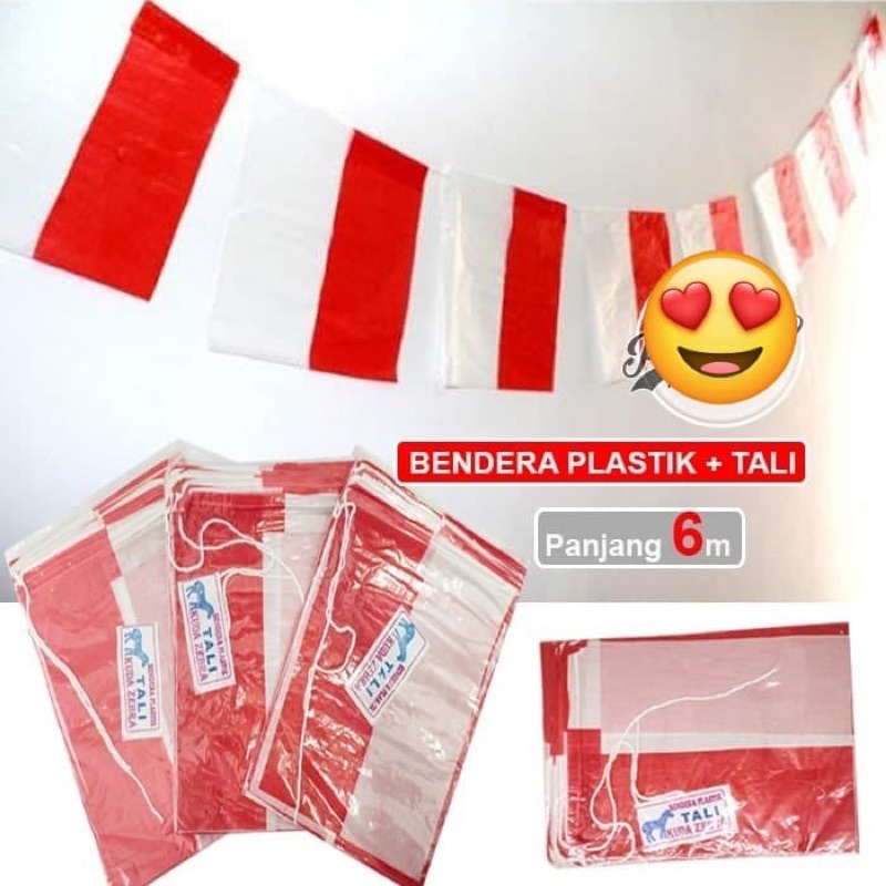 BENDERA MERAH PUTIH PLASTIK + TALI 5 METER / BENDERA GANTUNG / BENDERA MERAH PUTIH