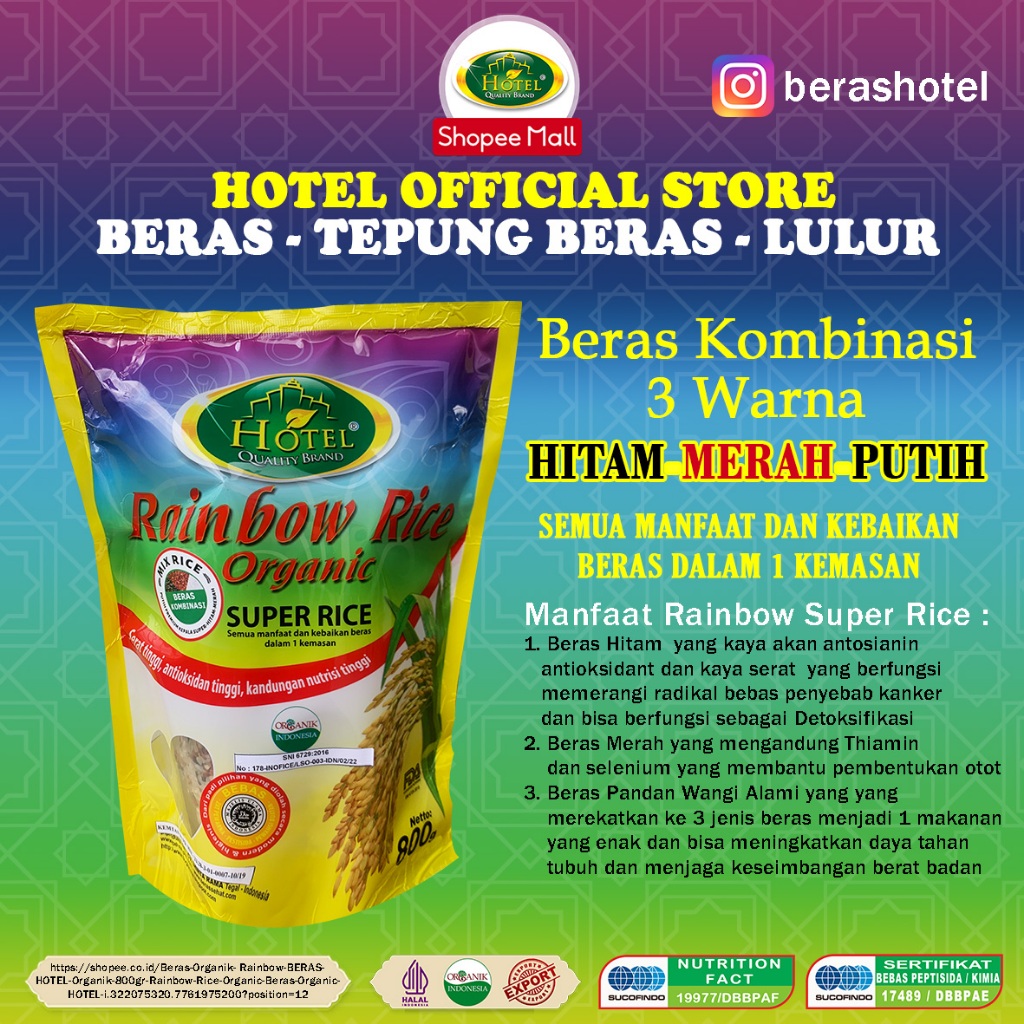 

Beras Organik HOTEL Kombinasi Merah Hitam Putih - Rainbow Mix Rice 800gr - Beras Mix Organik - Rainbow Rice HOTEL - Mixed Rice