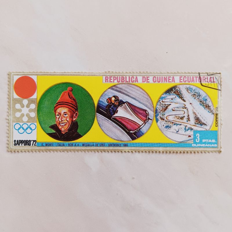 

(AD) Perangko Guinea Khatulistiwa 1972 Olympic winter winners Sapporo - Eugenio Monti (1928-2003) 3 peseta CTO