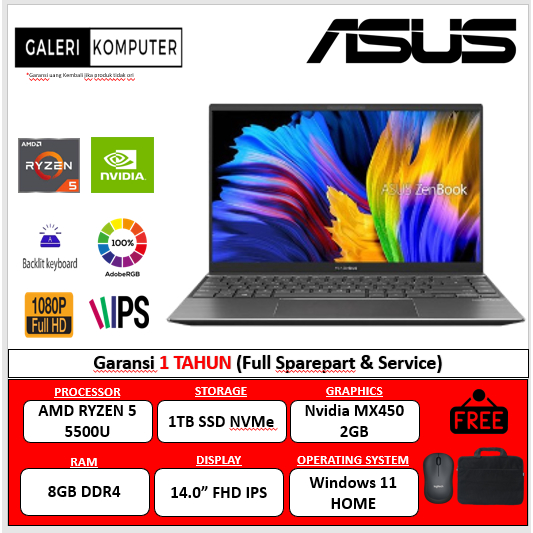 LAPTOP ASUS ZENBOOK Q408UG AMD RYZEN 5 5500U 8GB SSD 1TB MX450-2GB 14 FHD BL WIN11