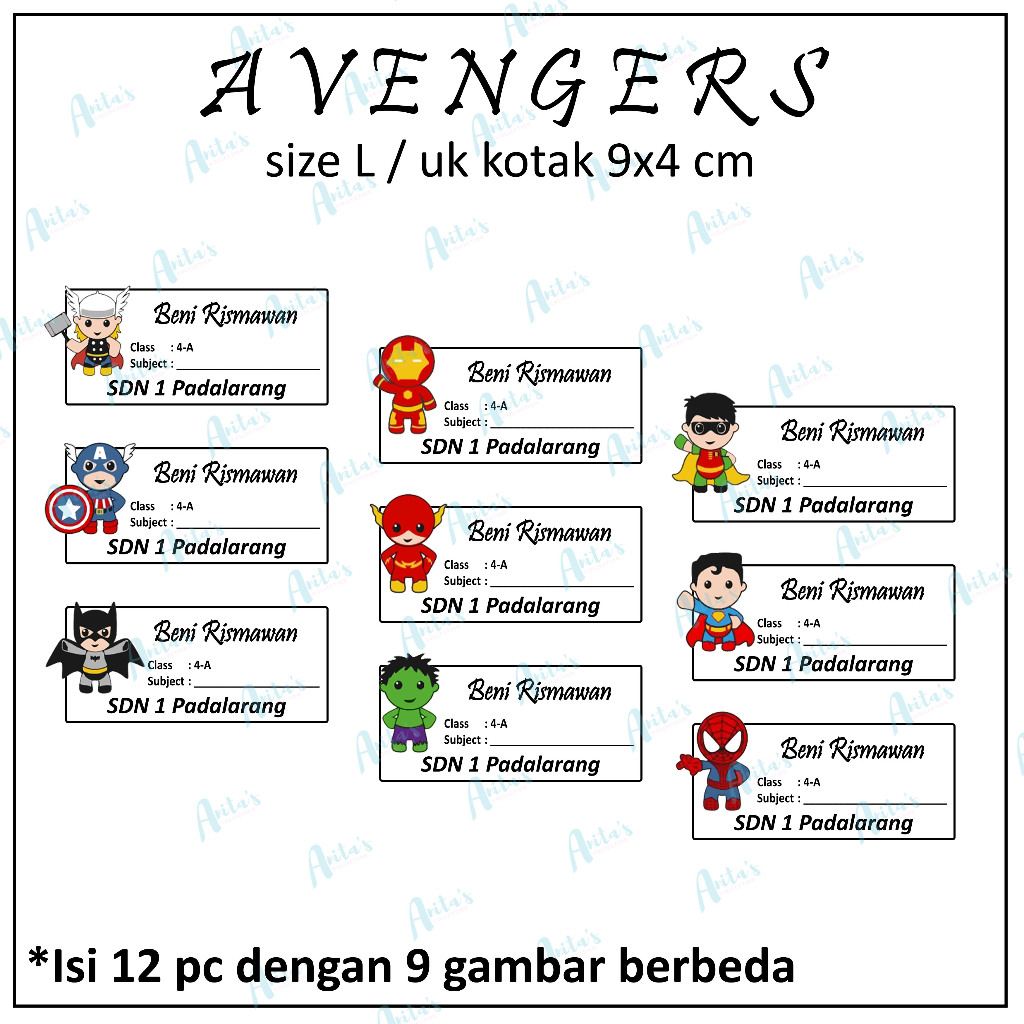 

12pc STIKER NAMA BUKU PELAJARAN ANAK SEKOLAH tema AVENGERS | size L / 9x4 cm | CUSTOM