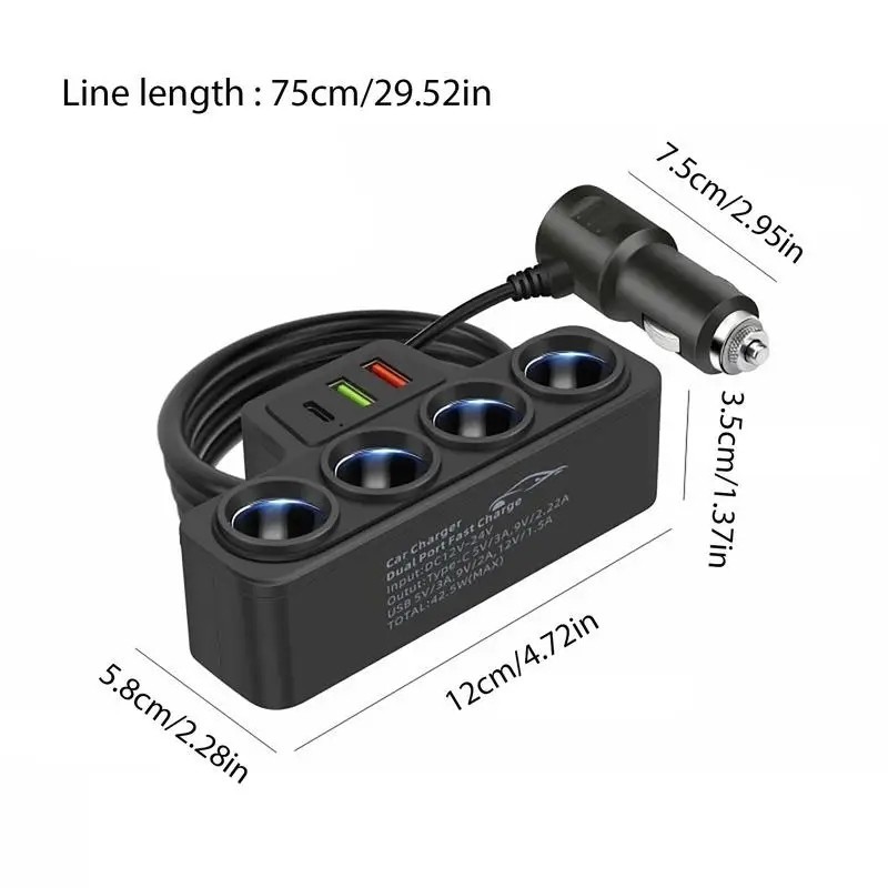 Socket Lighter Mobil Extension 120W 3 USB PD Fast Charger Splitter Cigarette