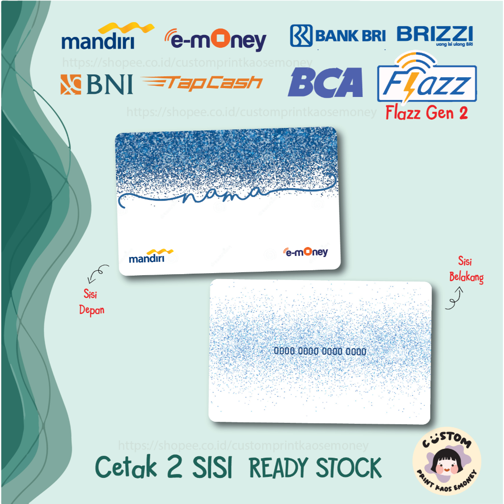 KARTU E MONEY E TOLL CUSTOM NAMA BLUE GLITTER WHITE PUTIH MANDIRI EMONEY BNI TAPCASH BRI BRIZZI FLAZ
