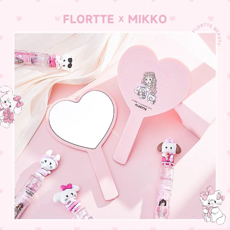 [READY]FLORTTE Pink Love Handle Mirror Round ~ Double-Sided Hand Mirror Small Peripheral Mirror Beau