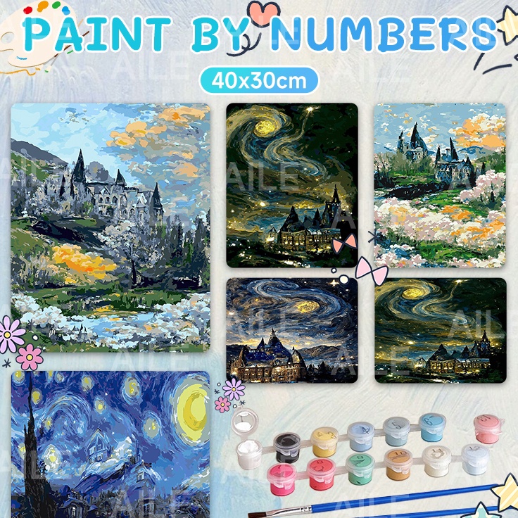 

Langsung Pilih DIY Paint By Numbers Kit 1 Set Number Canvas Board Kanvas Alat Lukis 34CMWith Frame Van Goghs Hogwarts Handmade Hanging Painting