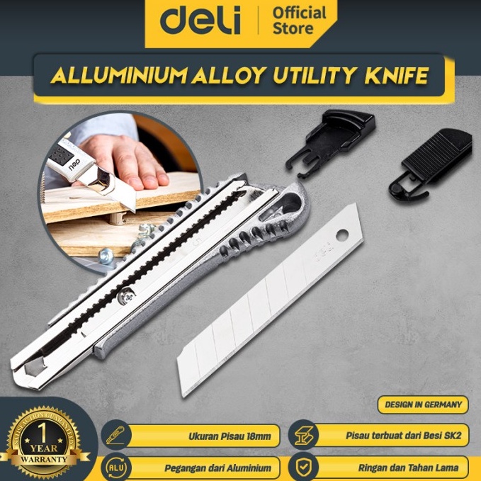 

KODE L69V Deli Alluminium Alloy Utility Knife Cutter Alumunium 18mm Pisau SK2 EDL4255