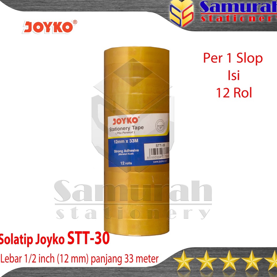 

Hadir Terheboh Solatip Joyko STT3 lebar 12 mm Stationery Tape 12 inch Selotip Kado 1 cm Bening Transparant panjang 33 Meter Per Slop isi 12 Rol