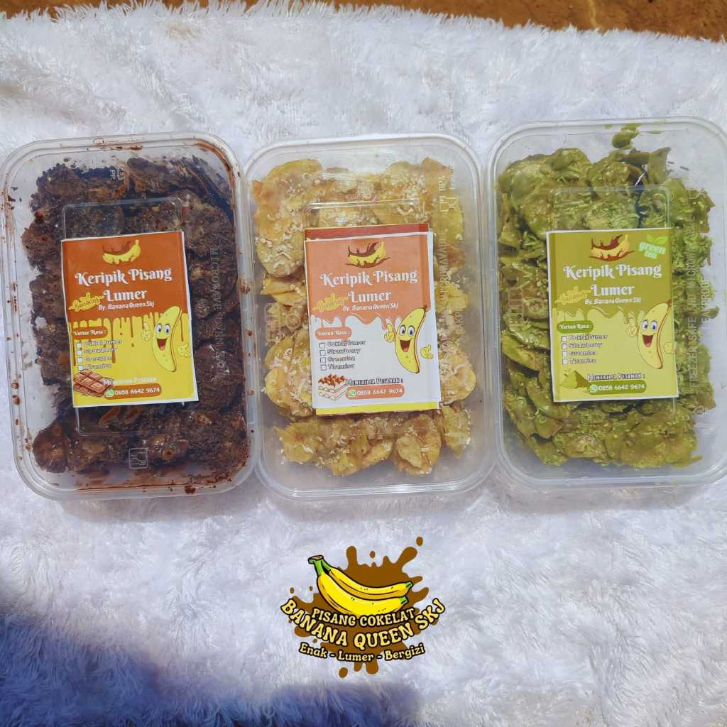 

Paket hemat 3 Box 250gr total (750gr) Mix varian rasa (coklat,tiramisu.greentea) kripik pisang coklat lumer Bananaqueenskj