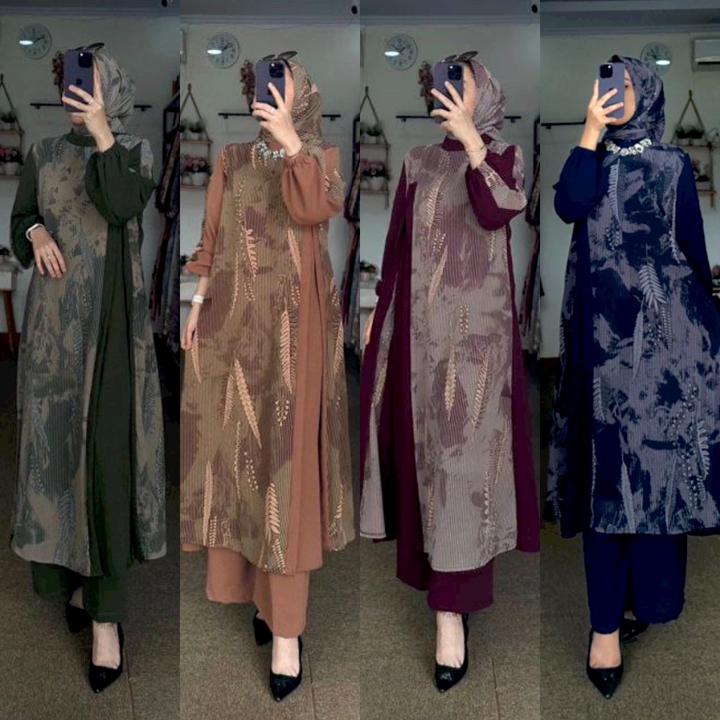SET HIJAB TUNIK PANJANG CERUTY BABYDOLL  3 IN 1 WANITA VIRAL SETELAN DRESS KULOT JUMBO SET HIJABERS
