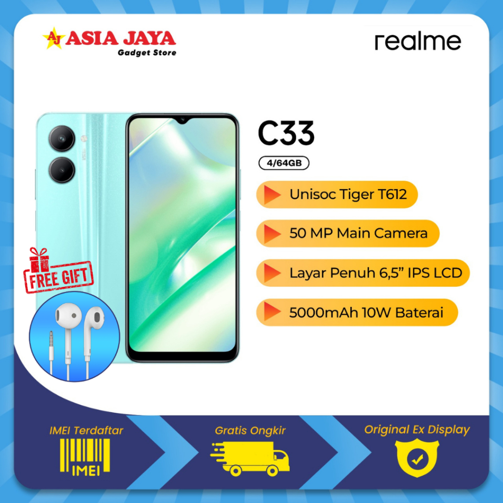 [EX DISPLAY] REALME C33 4/64GB Android 12 Realme UI S Unisoc Tiger T612 HDR Camera 5000 Battery Orig