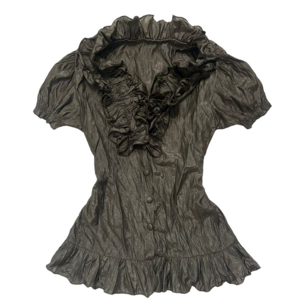 Ruffle Puffy Milkmaid Smock Buttoned Up Top | shimmer blus blouse lengan pendek putri kembang babydo