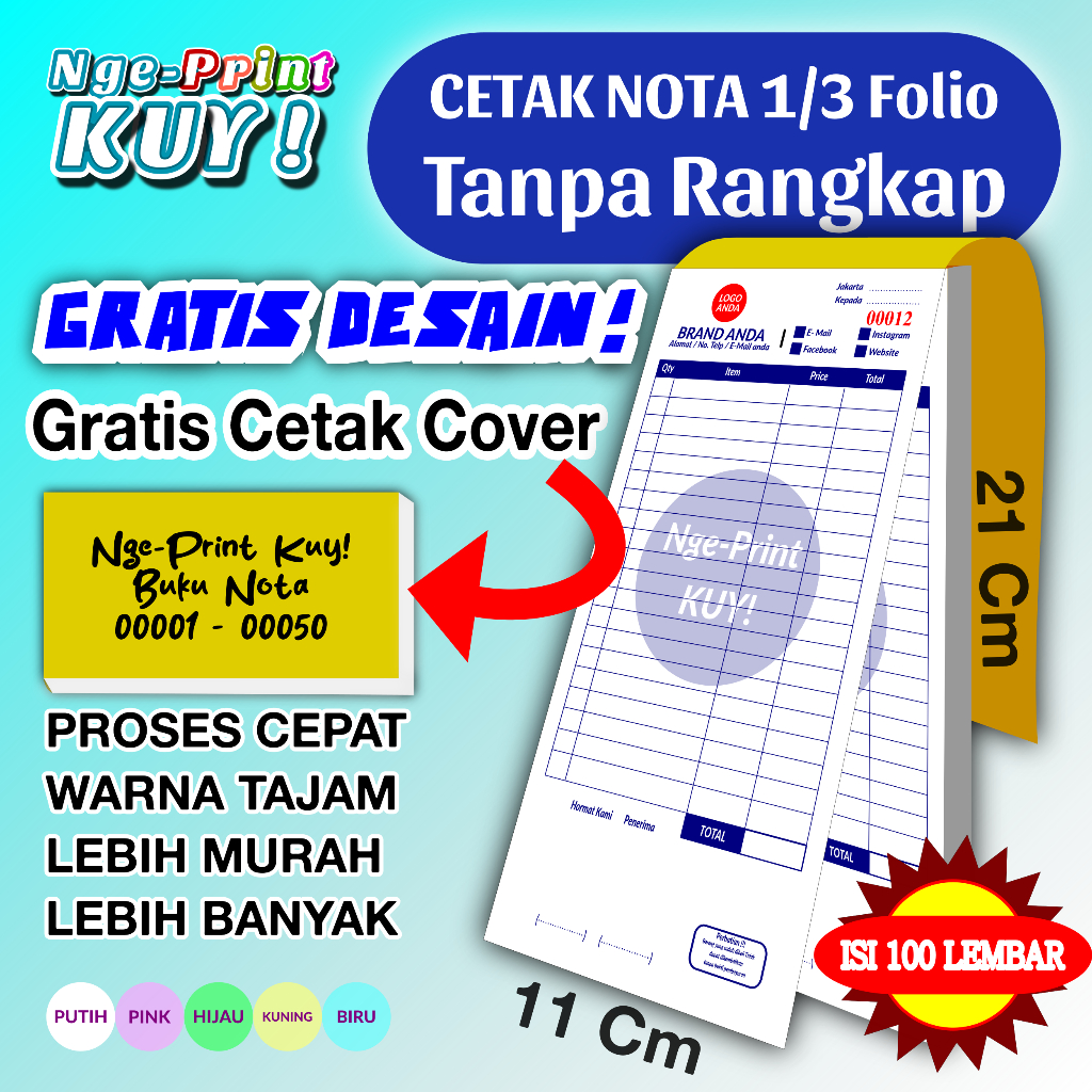 

[Termurah] Cetak Nota Custom 1/3 Folio Tanpa Rangkap - Nota Menu - Kwitansi - Surat Jalan - Faktur