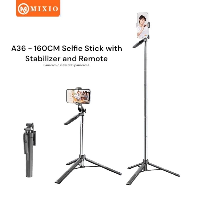 MIXIO A36 Selfie Stick Tongsis Bluetooth Tripod with Remote 160CM