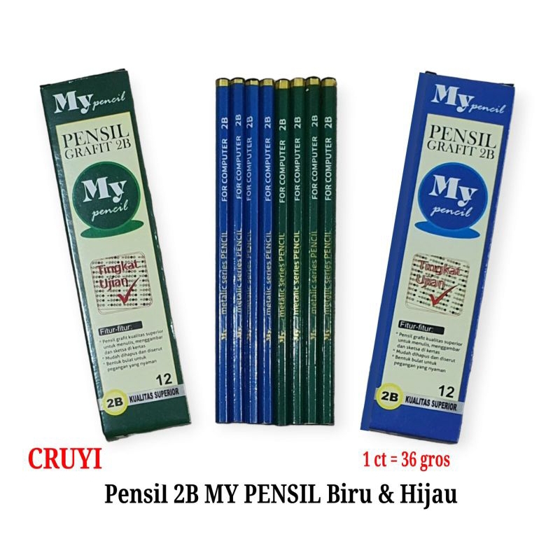

1 LUSIN Pensil 2B Graphite Biru & Hijau