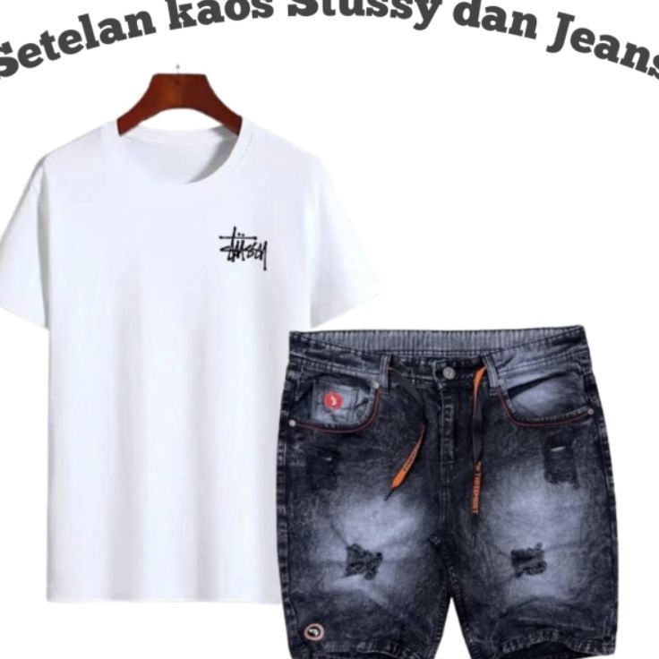 Top Design PROMO Terbaru Setelan kaos Stussy Distro dan Celana Sobek Pendek jeans Original Distro ce