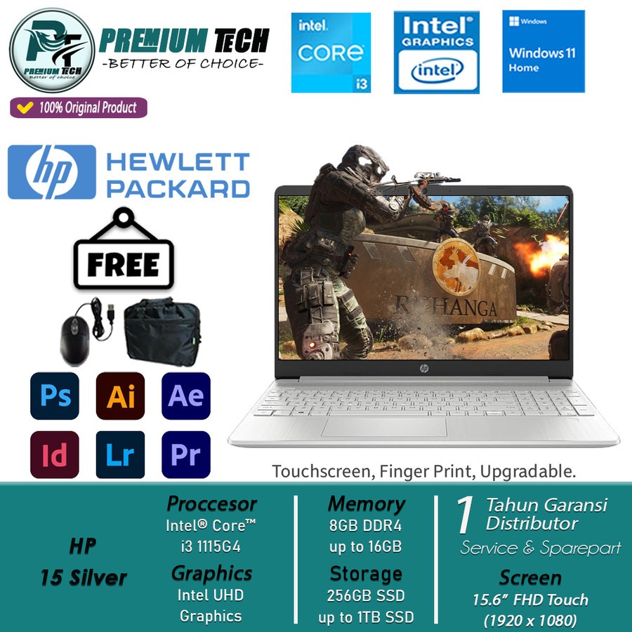 Laptop HP 15 Intel i3 1115G4 16GB RAM 16GB 1TB SSD FHD Touch Windows 11 Silver