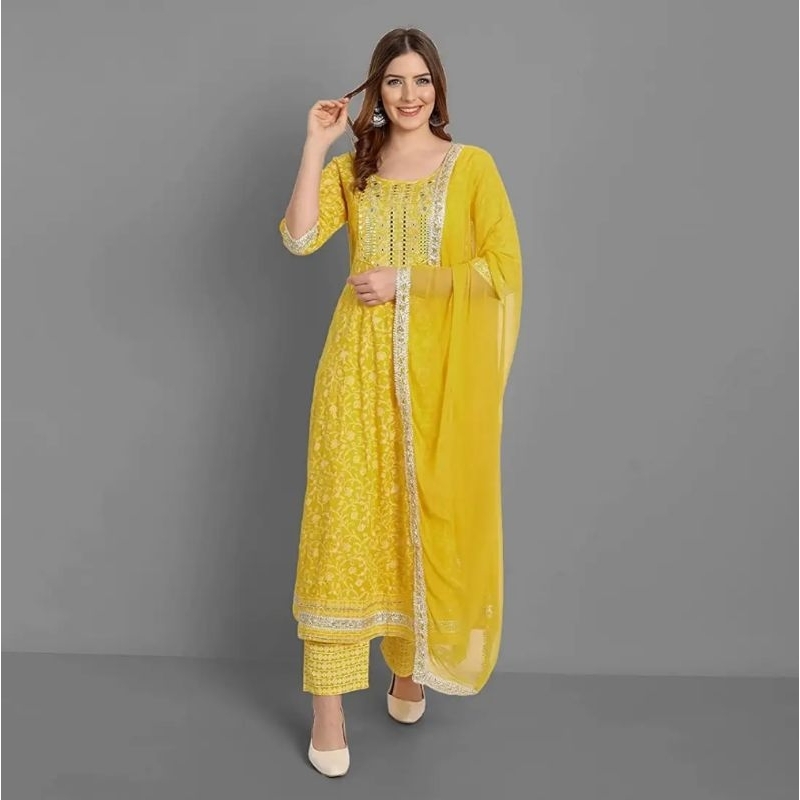 Rayon Anarkali Embroidered Printed Kurta Pant And Dupatta Set | Baju India Wanita