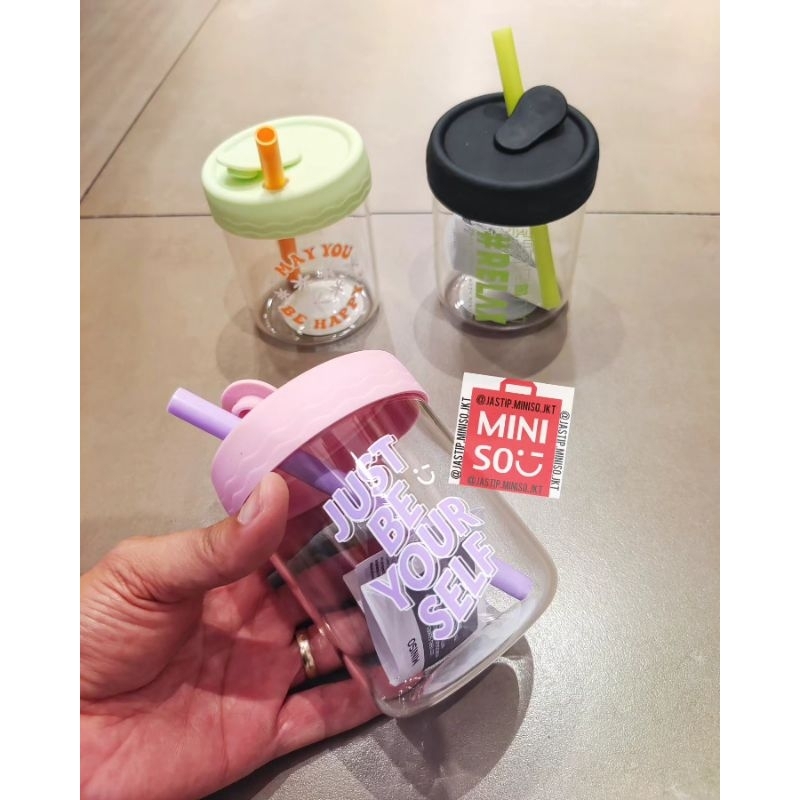 MINISO 🆕 Botol Minum Kaca High Borosilocate Glass + Sedotan (350ml)