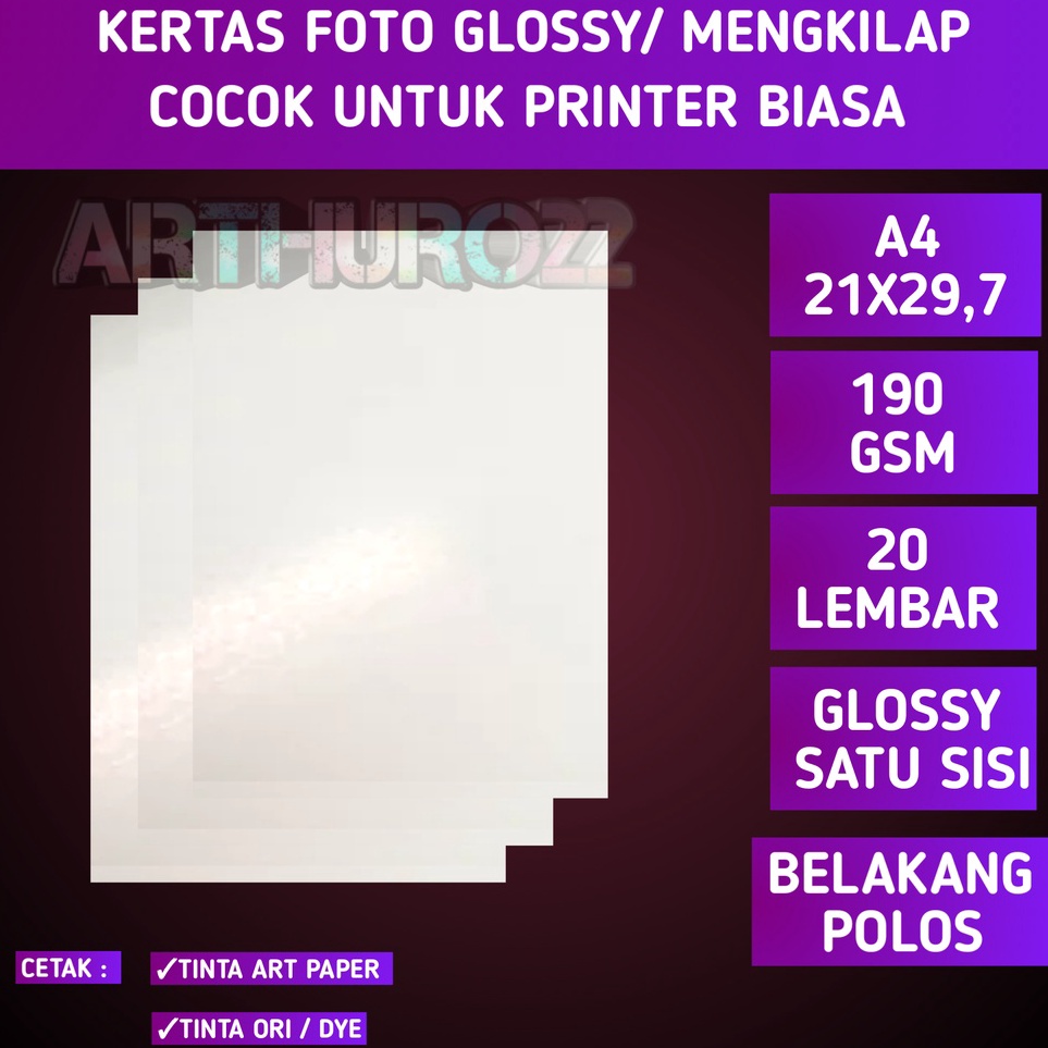 

Model Terbatas Kertas foto Glossy 19 gsm A4 isi 2 lembarGlossy photo paper single side 19 gram