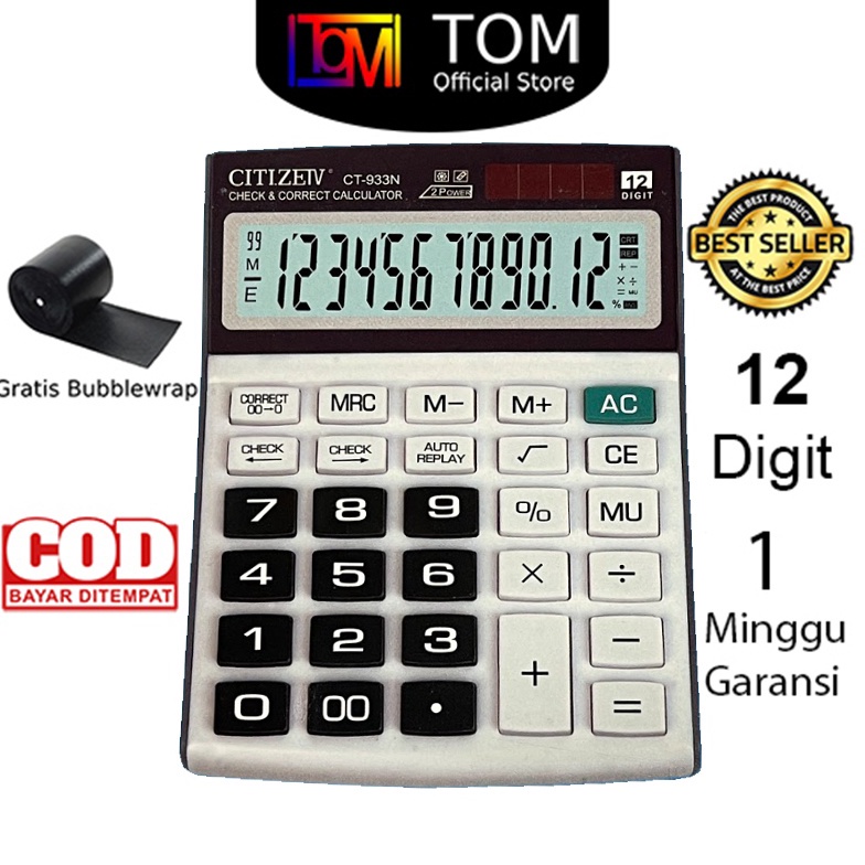 

KODE C4G5 Kalkulator CT933N 12 Digit Calculator Check Dual 2 Power