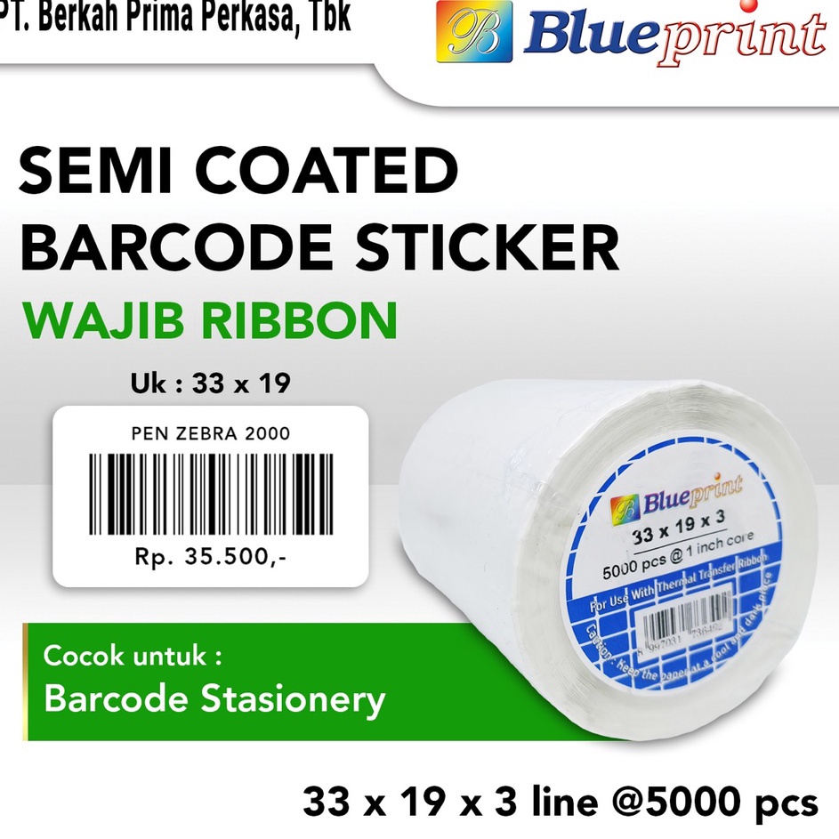 

Ready Sekarang Sticker Barcode 33x19 mm 3 Line Semicoated BLUEPRINT Stiker Label 33 x 19 x 3 Core 1 isi 5 Pcs
