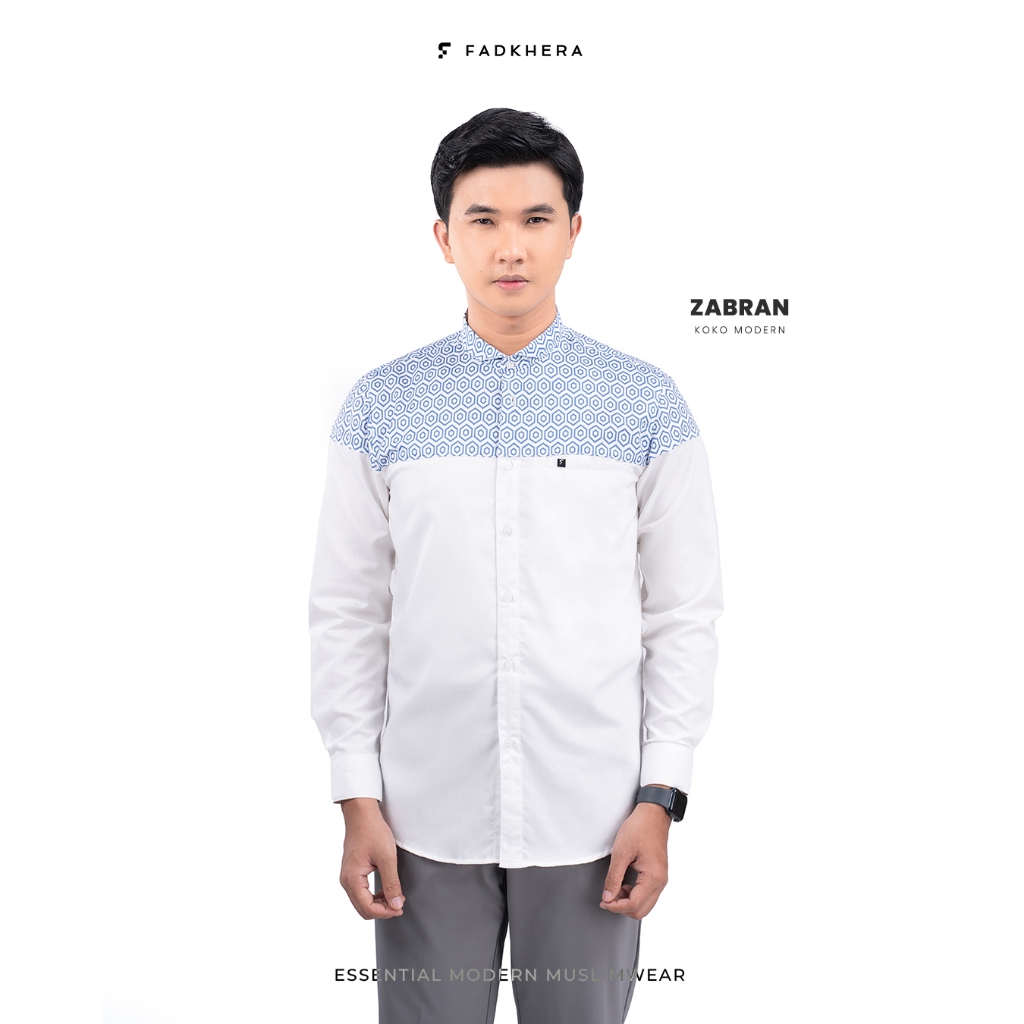 BAJU KOKO PRIA MODERN FADKHERA ZABRAN LENGAN PANJANG WHITE PUTIH