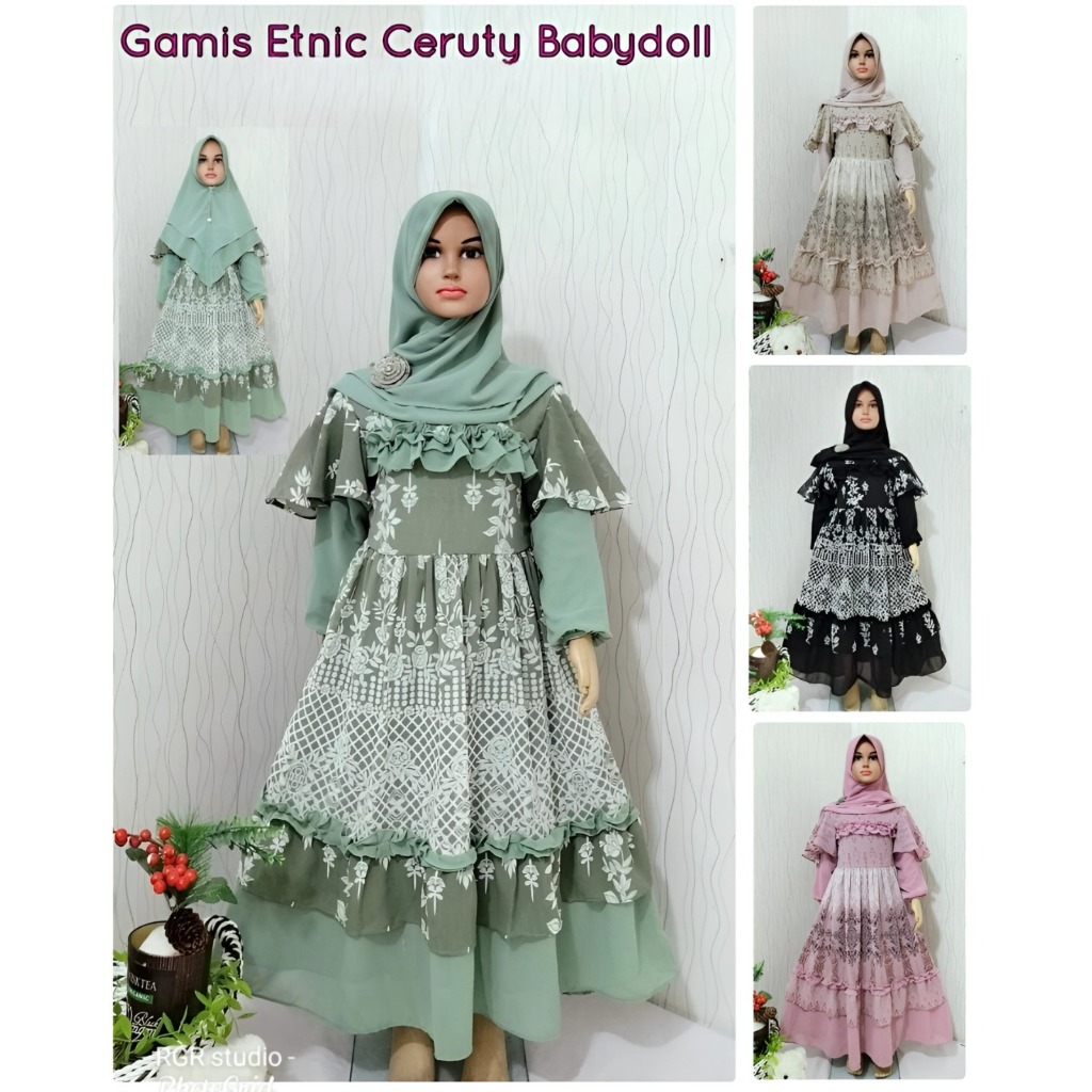 Gamis Ceruty Baby Doll Premium Etnic Model Viral Anak Perempuan Usia 3-12 Tahun | Gamis Anak Perempu