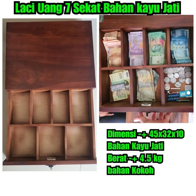 Laci Uang kayu jati 7 sekat ukuran 45 x 35 x 10 berat 4.5 kg kotak uang 7 sekat bahan jati kotak pen