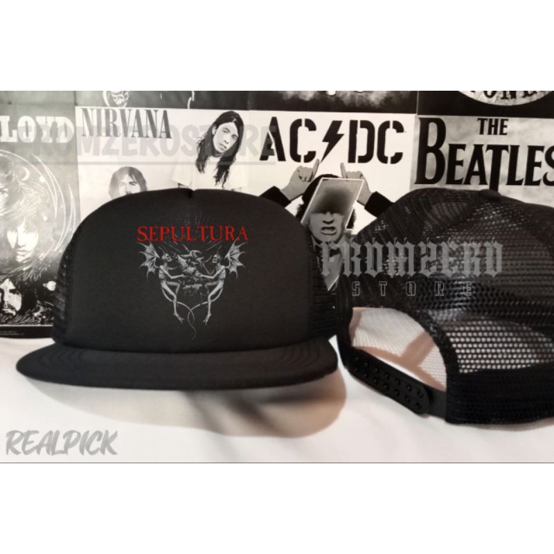 Topi Snapback Jaring Terbaru- Topi truckle datar Logo SEPULTURA