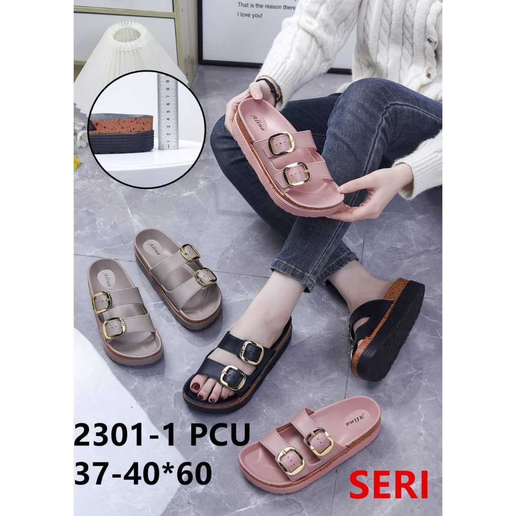 Sandal Wedges Karet Tali Wanita dengan Gesper Sandal Tali Ban Dua ALINA 2301-1