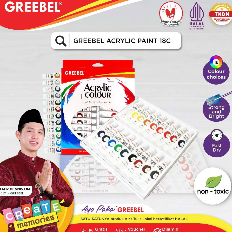

Flash Promo GREEBEL Cat Akrilik 1 ML 18 WARNA utk anak sekolah art melukis ACRYLIC PAINTING tdk beracun cerah