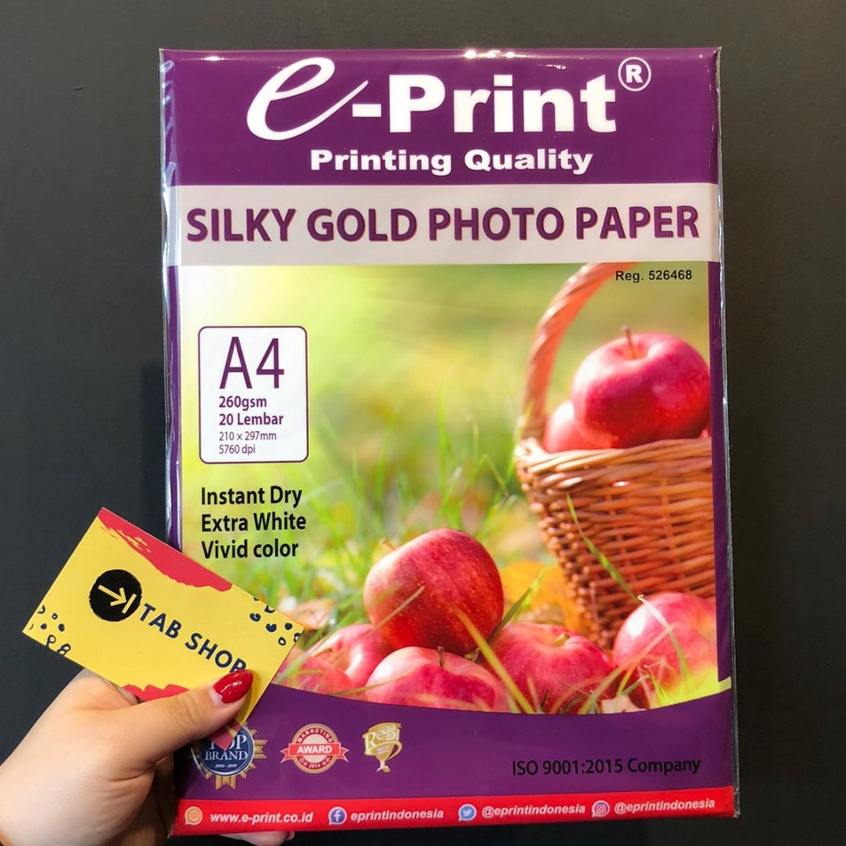 

Pabrik TAB SHOP EPRINT SILKY GOLD PHOTO PAPER A4 26 GSM 2 LEMBAR EPRINT KERTAS FOTO TEKSTUR KULIT JERUK RESIN COATING