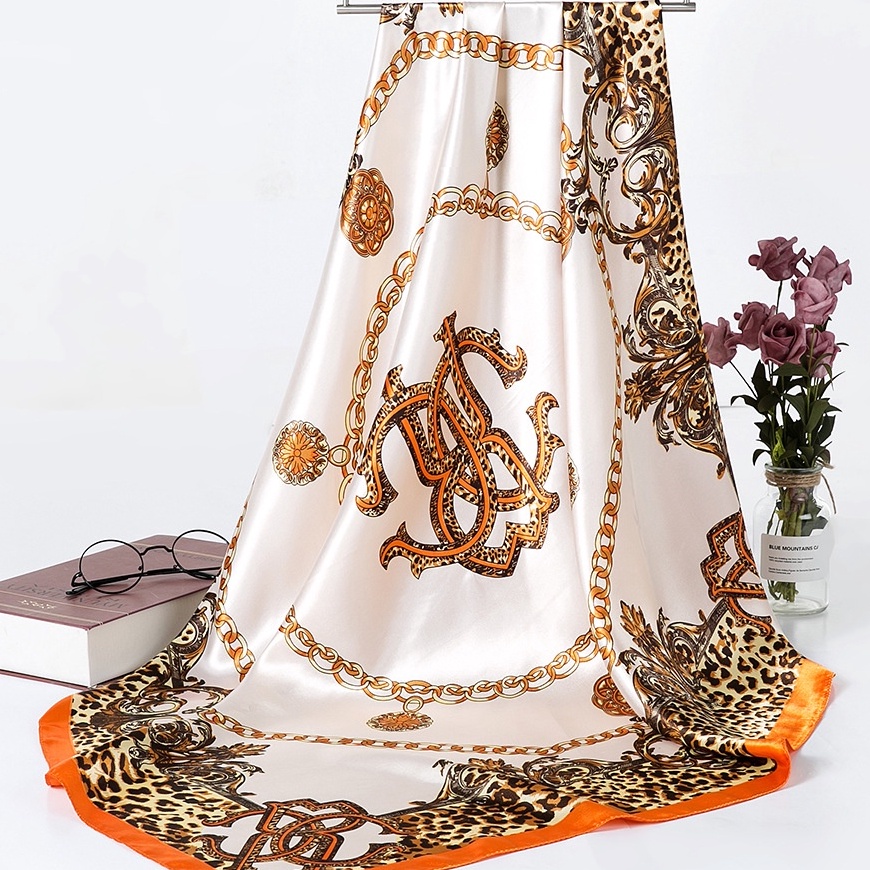 C6369 9x9 cm Syal Persegi Besar Satin Jilbab Wanita Hijab Pola Persegi Panjang Bahan High Grade Silk