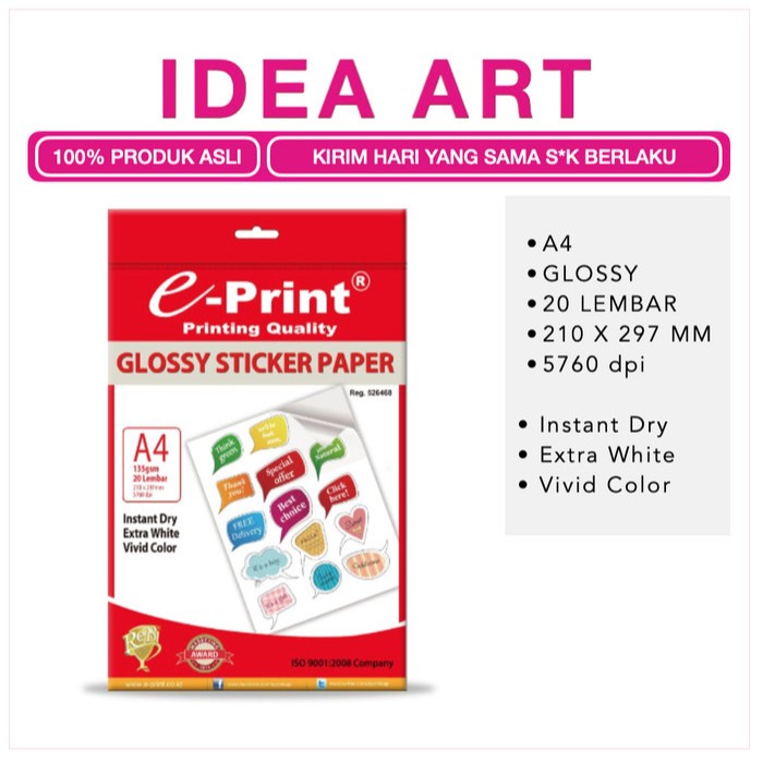 Kertas Foto Glossy Photo Sticker Paper e-Print A4 135 gsm isi 20 Lembar Instant Dry Extra White Vivi