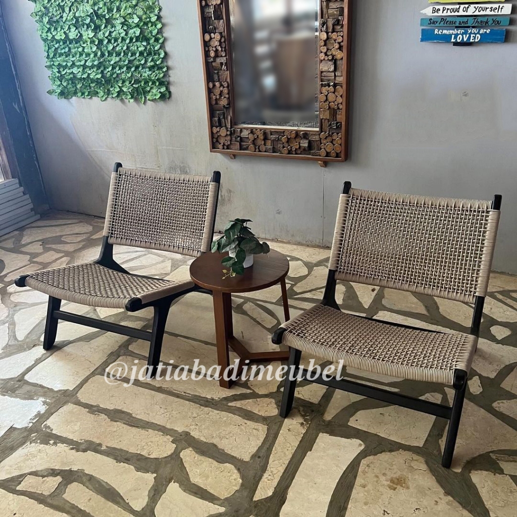 Set Kursi Teras Kursi Malas Kursi Santai Anyaman Rotan Sintetis Kayu Jati, Lazy Chair Anyaman Rotan 