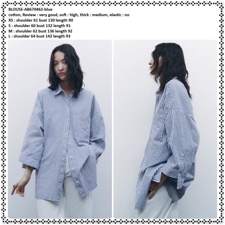 AB670462 Baju Atasan Kemeja Garis Biru Putih Lengan Panjang Wanita Korea Import Tunik Jumbo Big Size