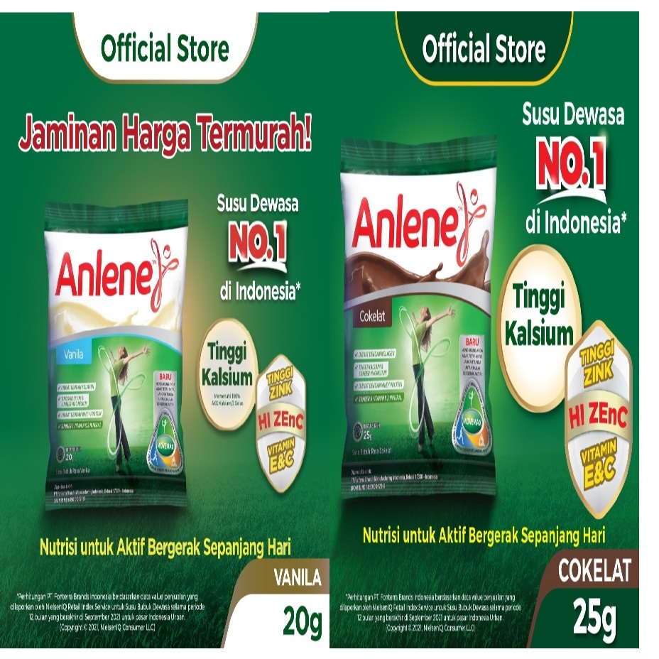 

ANLENE ACTIVIT RASA VANILA 20 GR DAN COKLAT CHOCOLATE 25 GR SUSU BUBUK 1 RENCENG ISI 10 SACHET SASET