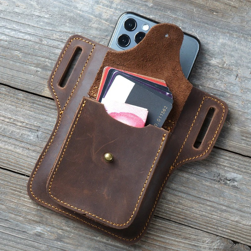 Dompet sabuk HP kulit crazy horse pria retro minimalis