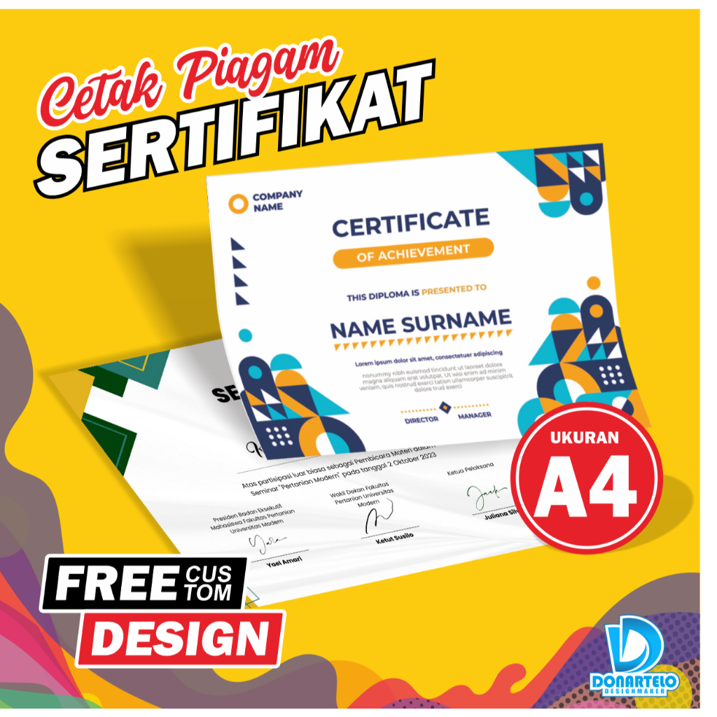 

CETAK SERTIFIKAT/ PIAGAM - UKURAN A4, CUSTOM DESAIN, FREE DESIGN