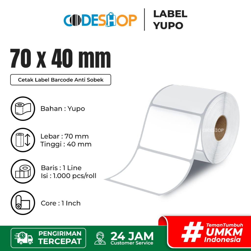 

Label Yupo 70x40 mm Stiker Printer Barcode Zebra Honeywell Argox