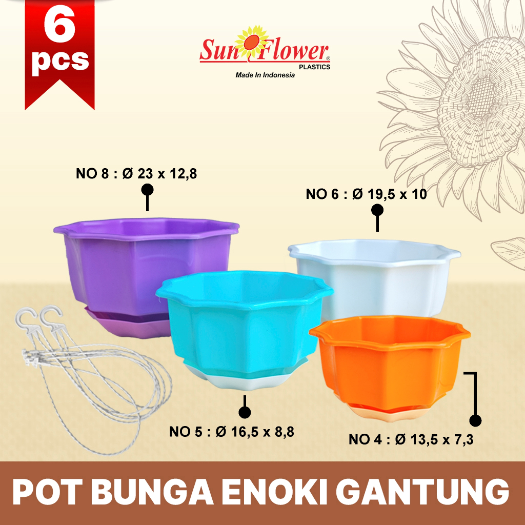 ( 6 PCS ) POT BUNGA ENOKI SUNFLOWER PLASTIK/Pot Bunga Gantung / Pot Plastik Cantik / Pot Bunga Anggr
