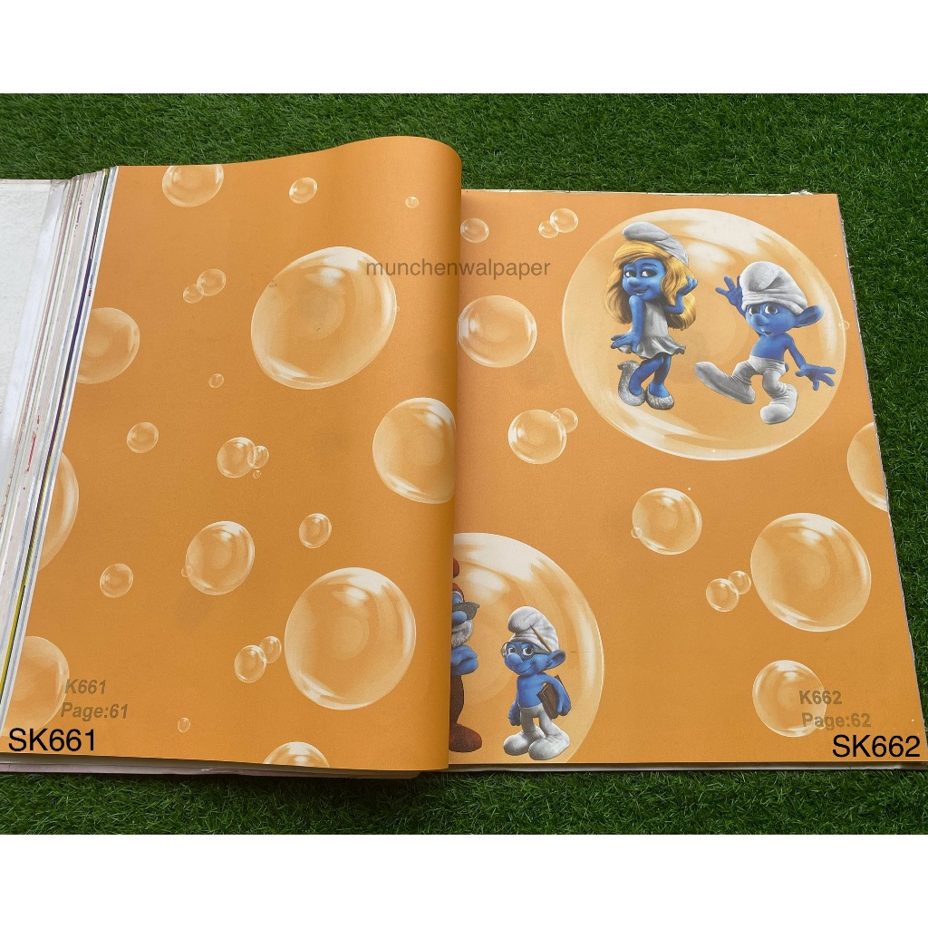 Wallpaper Dinding Anak Motif Kartun Animasi SMURF Pink - Orange - Orange