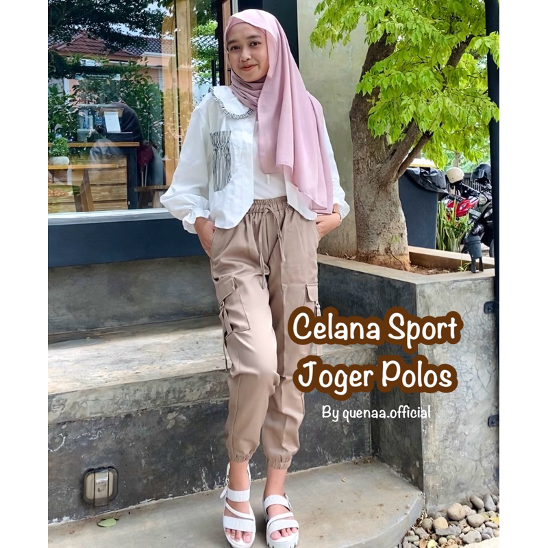 𝐐𝐮𝐞𝐧𝐚𝐚 - Celana Joger Wanita Polos Sport Olahraga Saku Cargo Samping Karet Bawah